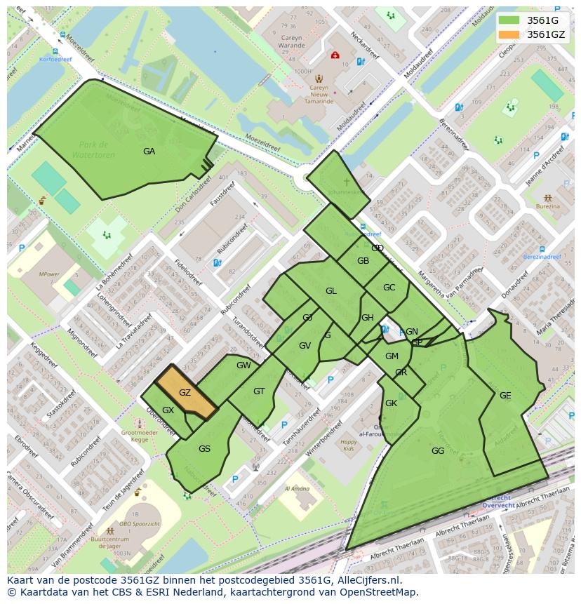 Afbeelding van het postcodegebied 3561 GZ op de kaart.