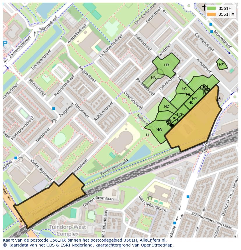 Afbeelding van het postcodegebied 3561 HX op de kaart.