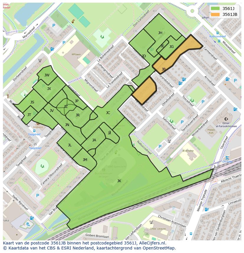 Afbeelding van het postcodegebied 3561 JB op de kaart.