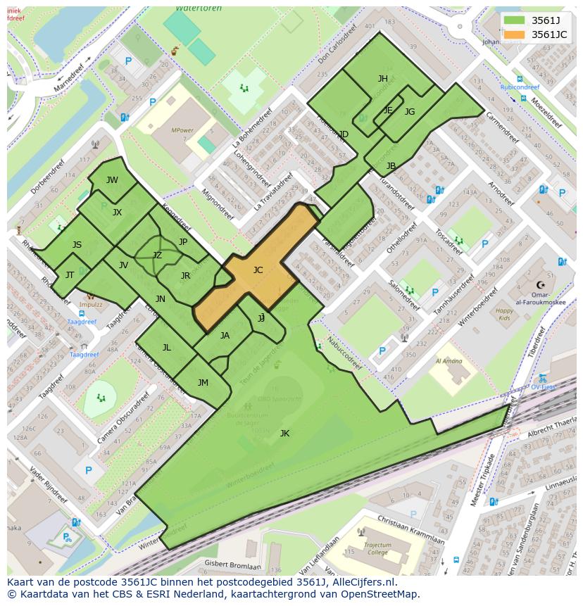 Afbeelding van het postcodegebied 3561 JC op de kaart.