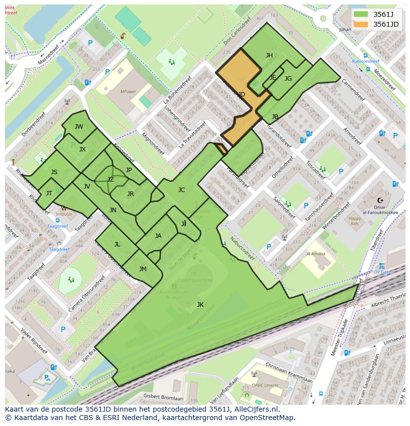 Afbeelding van het postcodegebied 3561 JD op de kaart.