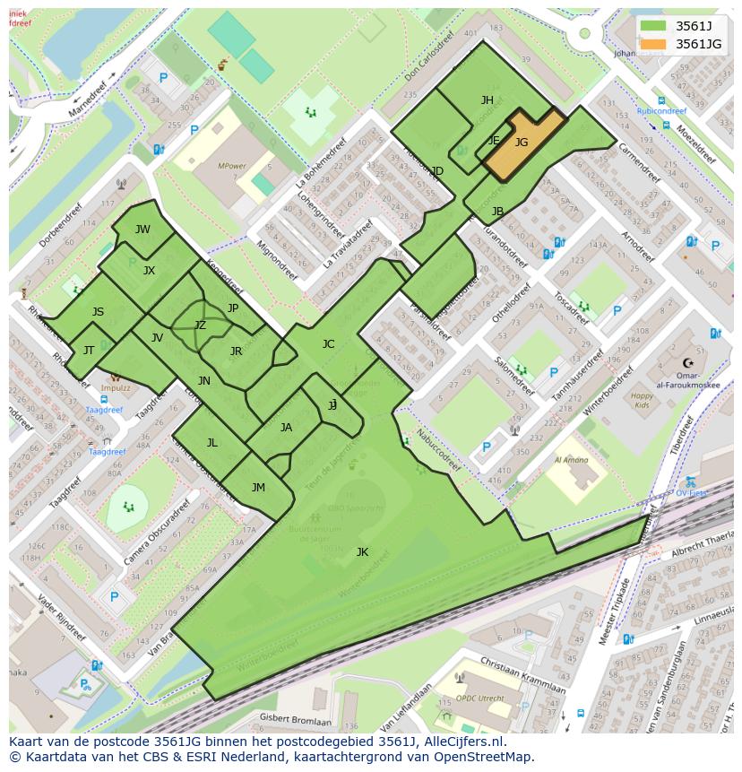 Afbeelding van het postcodegebied 3561 JG op de kaart.