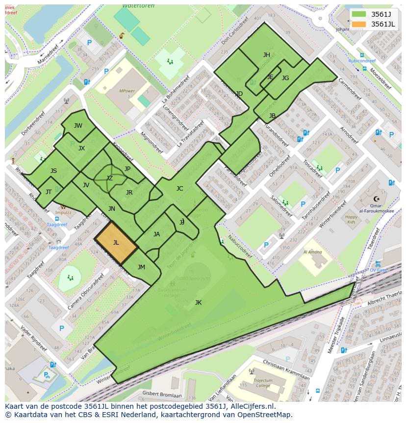Afbeelding van het postcodegebied 3561 JL op de kaart.