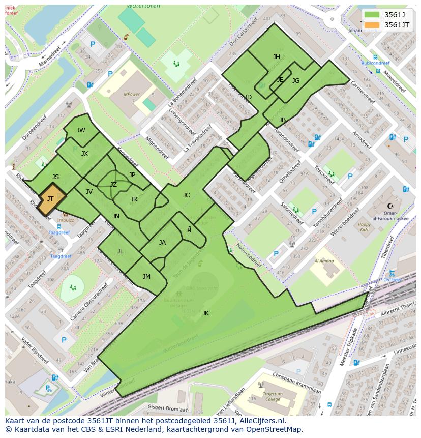 Afbeelding van het postcodegebied 3561 JT op de kaart.