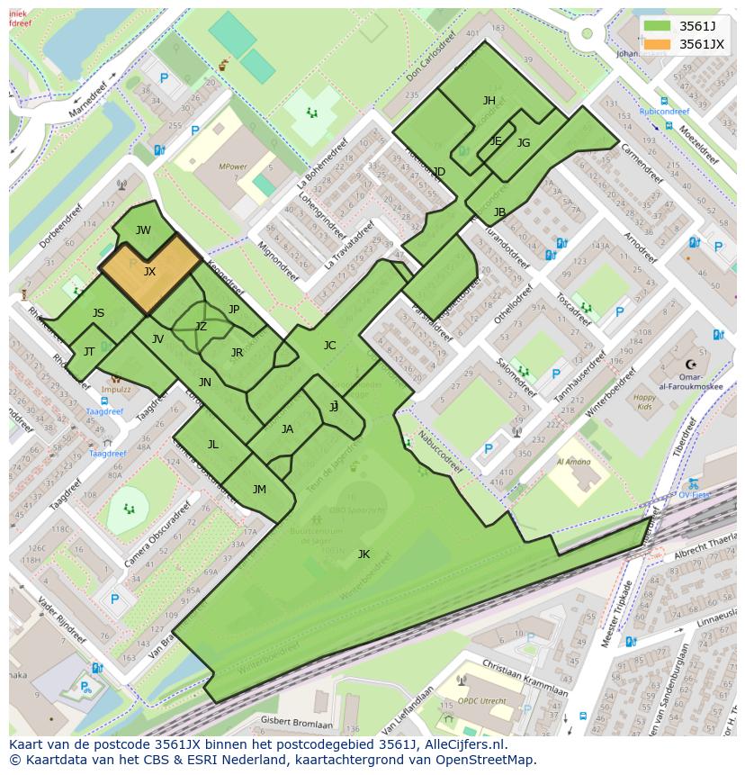 Afbeelding van het postcodegebied 3561 JX op de kaart.