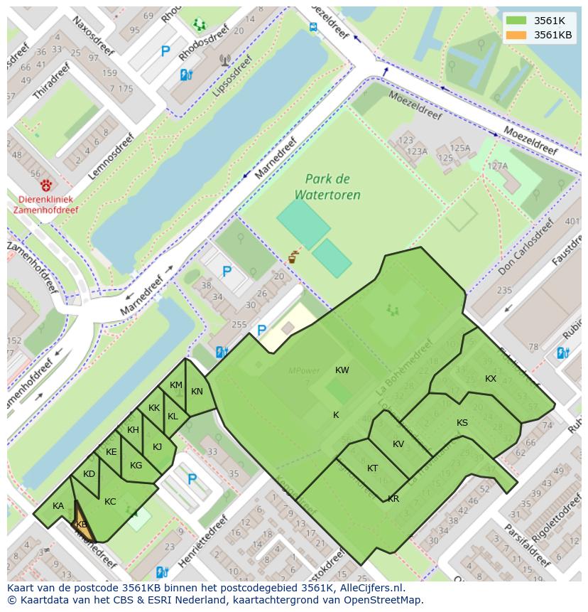 Afbeelding van het postcodegebied 3561 KB op de kaart.