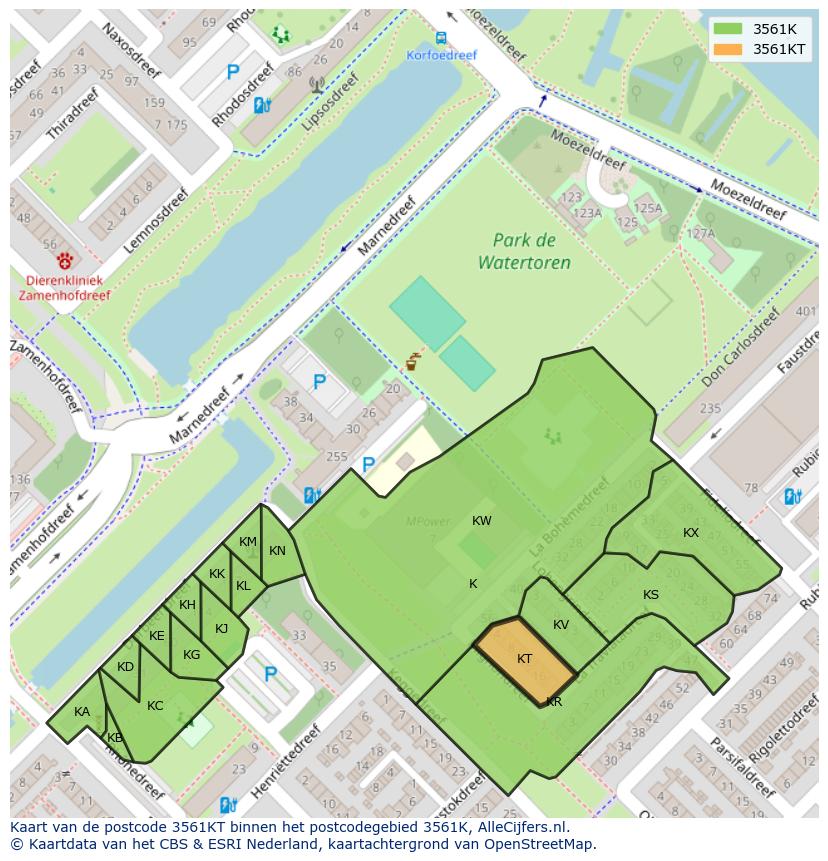 Afbeelding van het postcodegebied 3561 KT op de kaart.