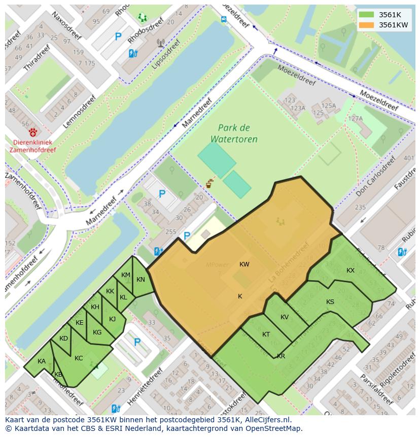Afbeelding van het postcodegebied 3561 KW op de kaart.