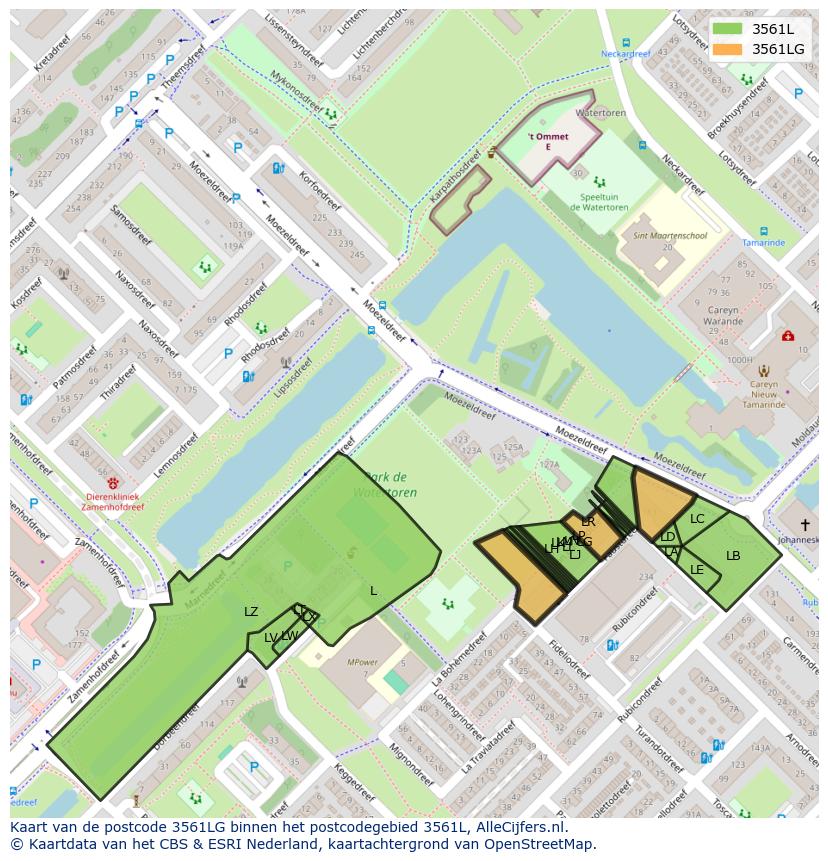 Afbeelding van het postcodegebied 3561 LG op de kaart.