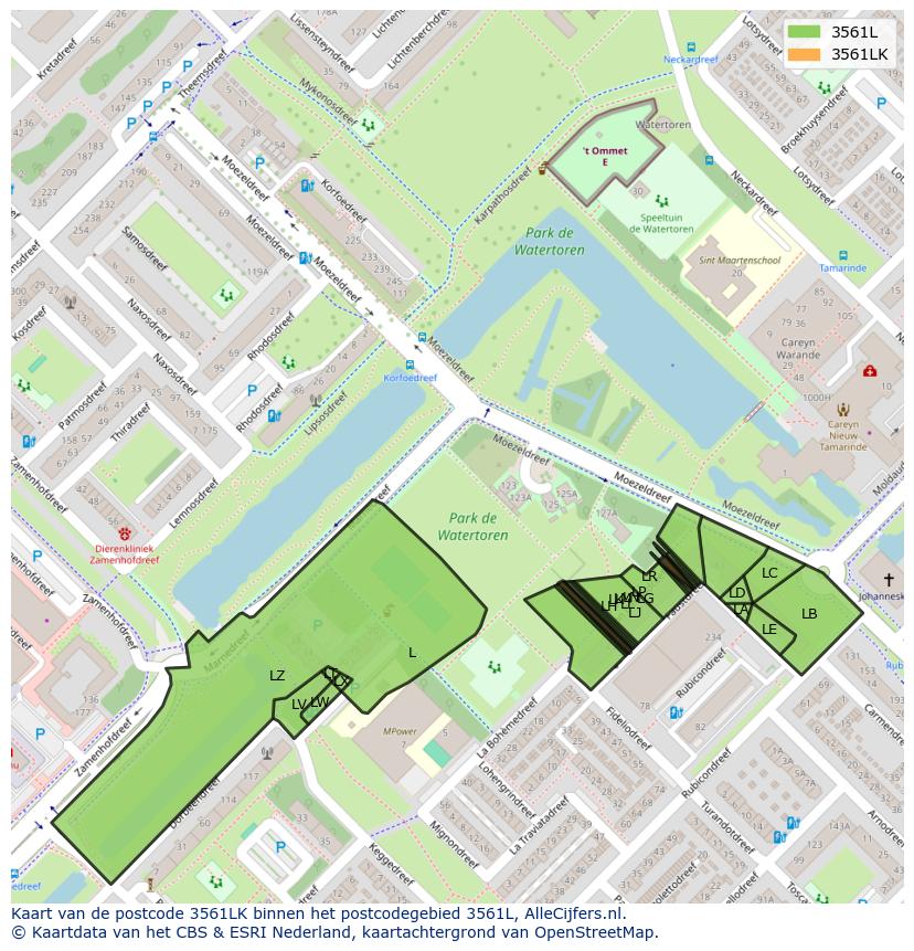 Afbeelding van het postcodegebied 3561 LK op de kaart.
