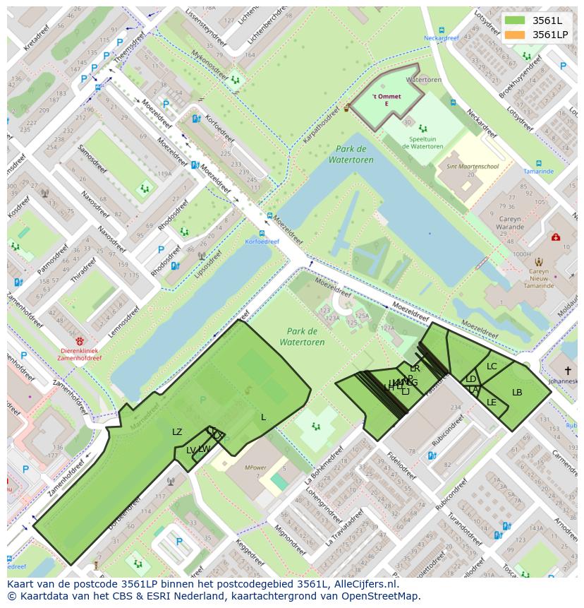 Afbeelding van het postcodegebied 3561 LP op de kaart.