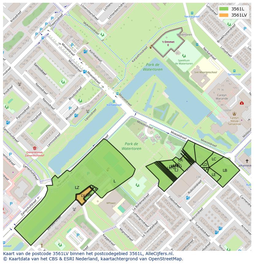 Afbeelding van het postcodegebied 3561 LV op de kaart.