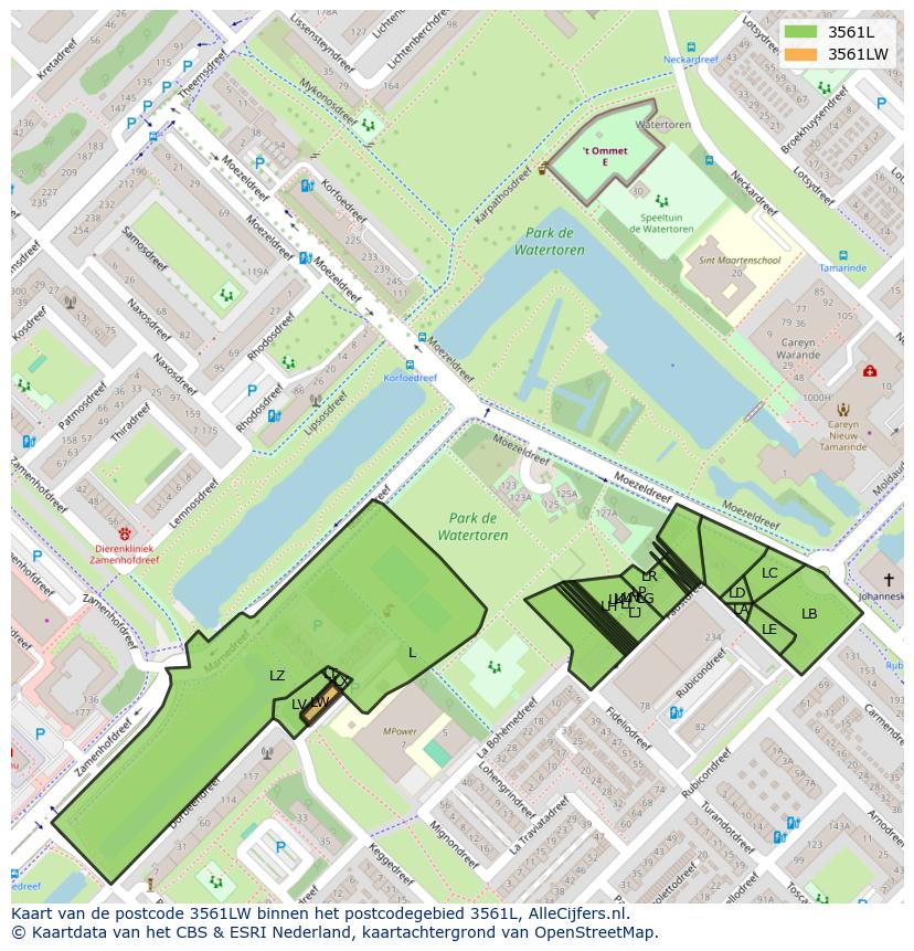 Afbeelding van het postcodegebied 3561 LW op de kaart.