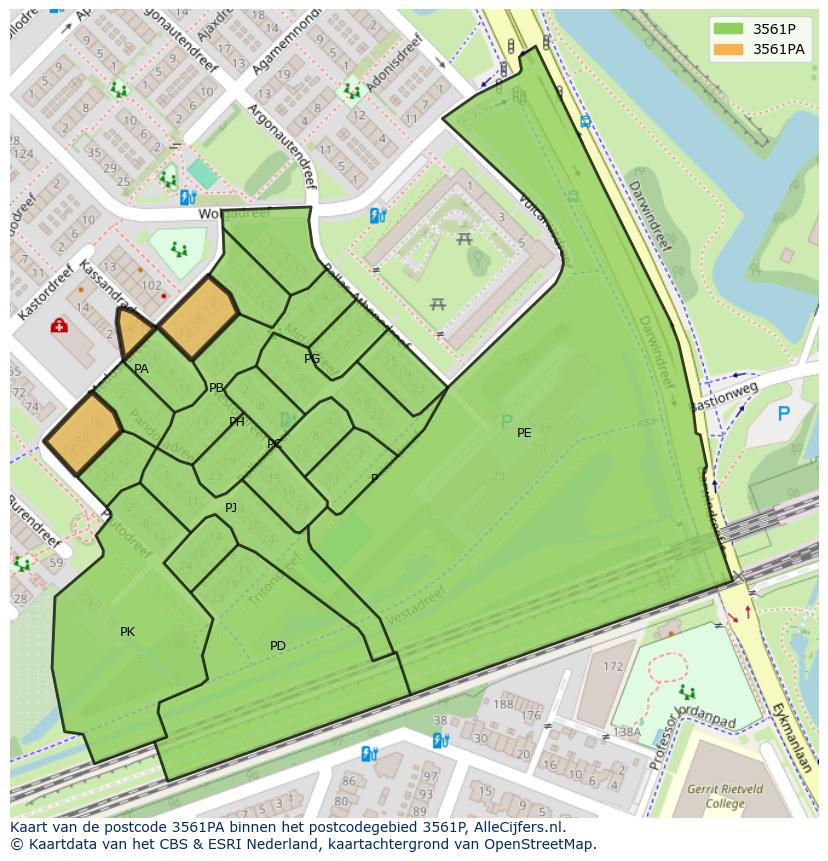 Afbeelding van het postcodegebied 3561 PA op de kaart.