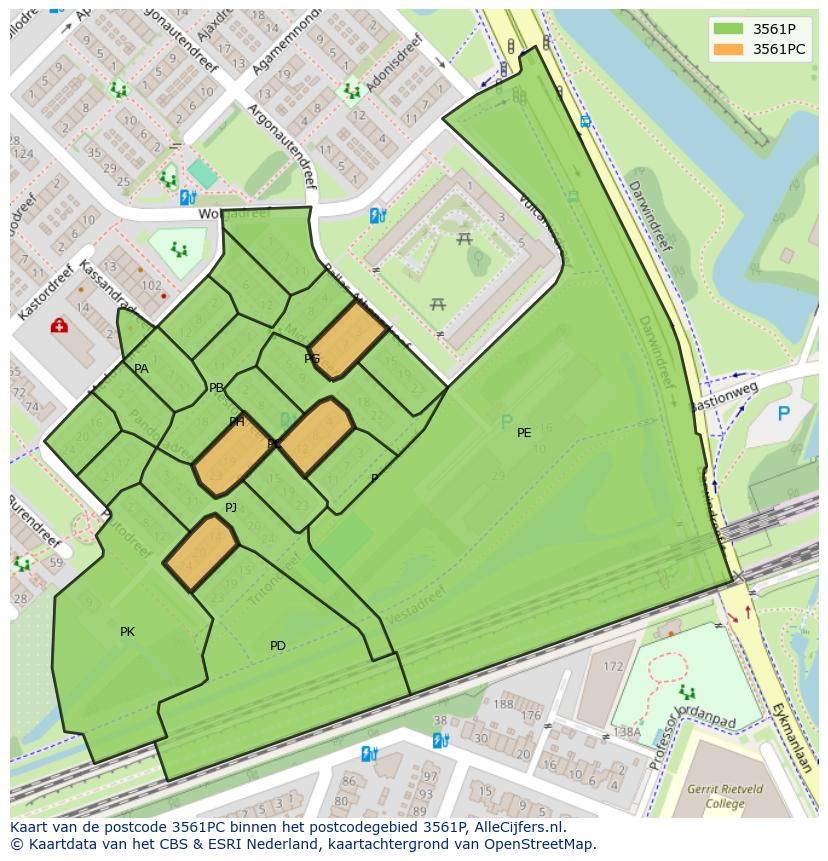Afbeelding van het postcodegebied 3561 PC op de kaart.