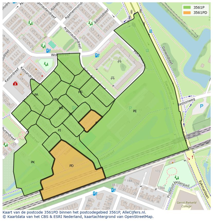 Afbeelding van het postcodegebied 3561 PD op de kaart.