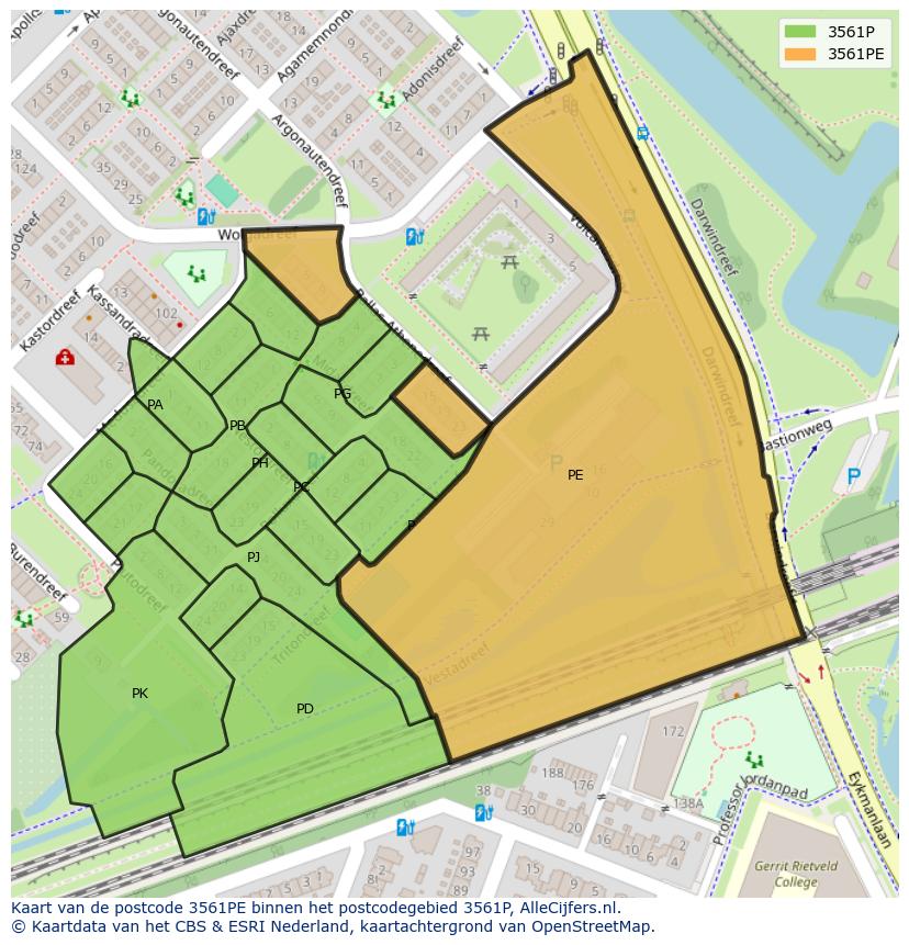 Afbeelding van het postcodegebied 3561 PE op de kaart.