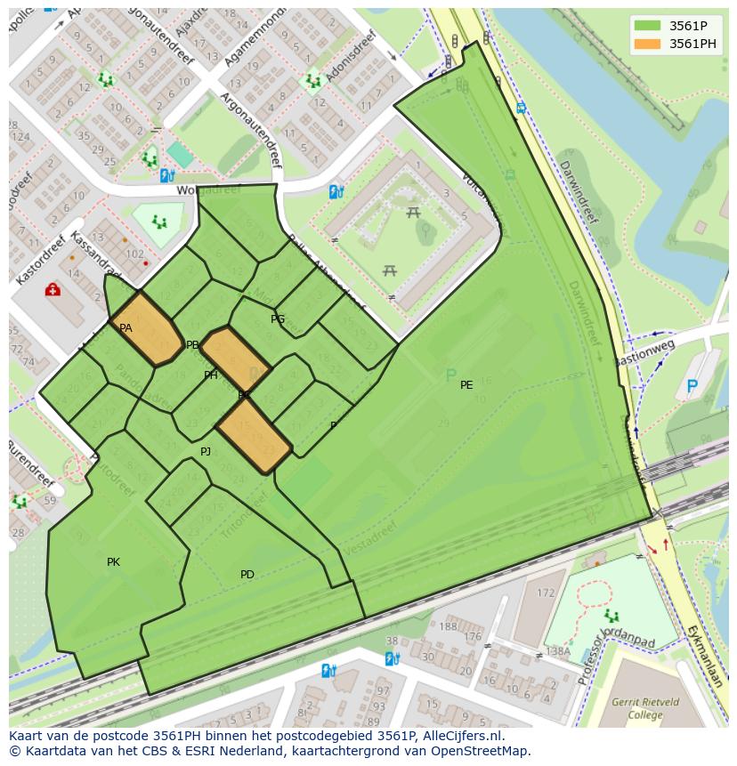 Afbeelding van het postcodegebied 3561 PH op de kaart.