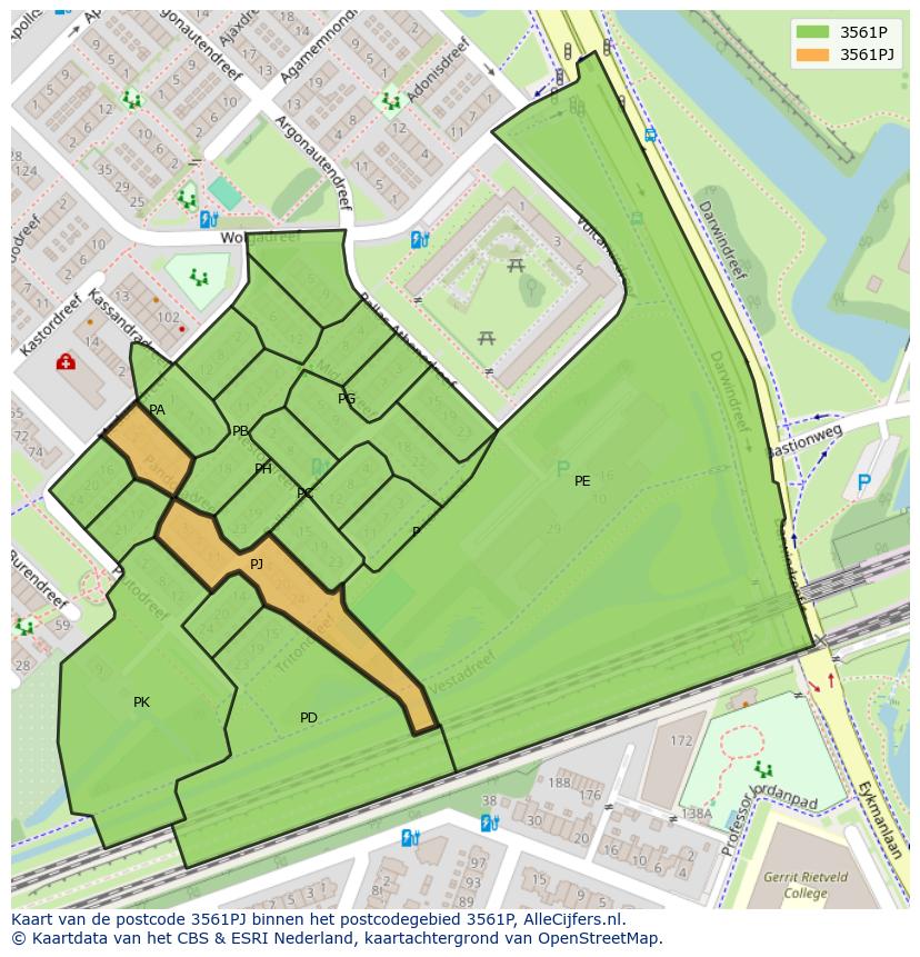 Afbeelding van het postcodegebied 3561 PJ op de kaart.