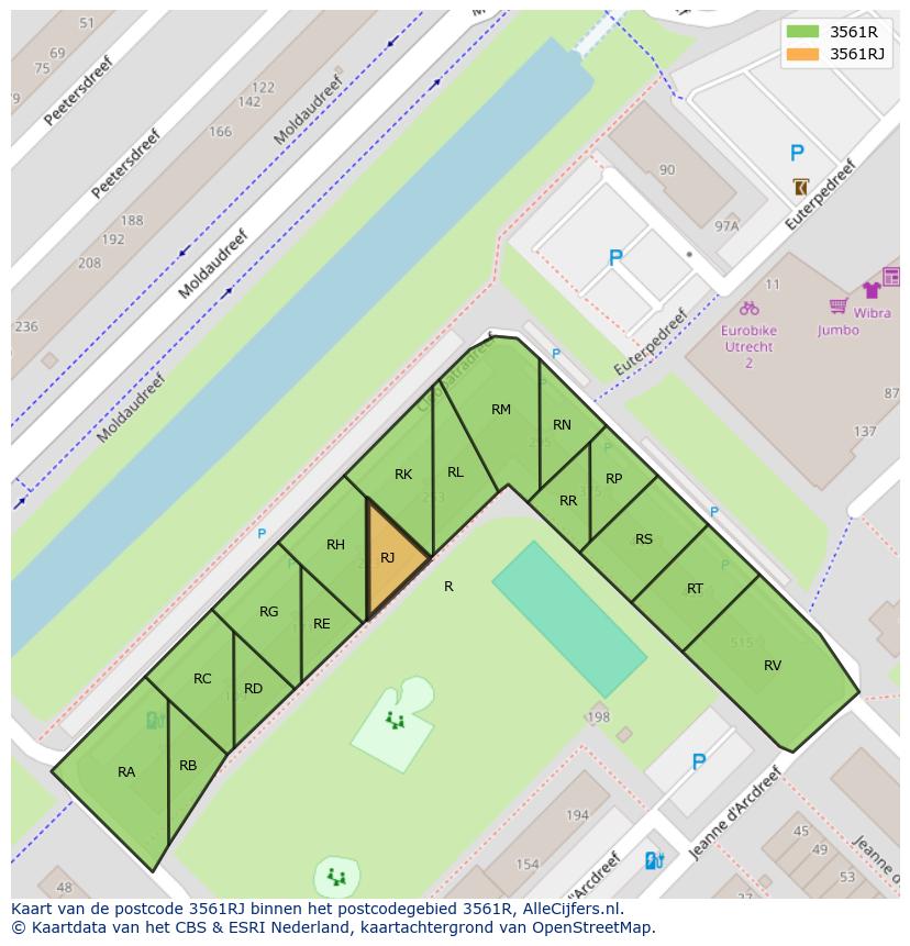 Afbeelding van het postcodegebied 3561 RJ op de kaart.