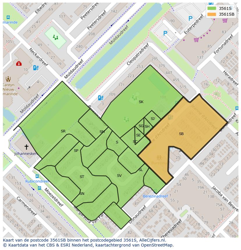 Afbeelding van het postcodegebied 3561 SB op de kaart.