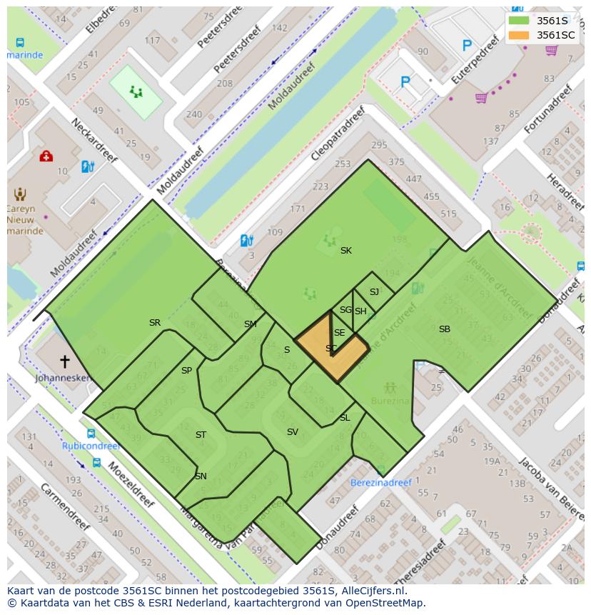 Afbeelding van het postcodegebied 3561 SC op de kaart.