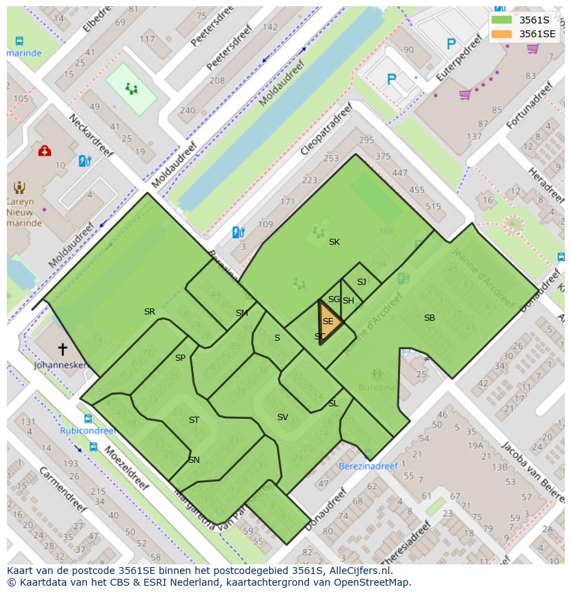 Afbeelding van het postcodegebied 3561 SE op de kaart.