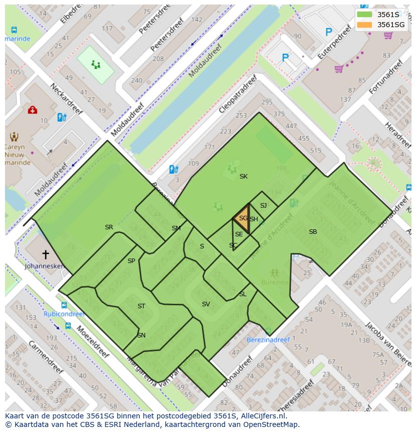 Afbeelding van het postcodegebied 3561 SG op de kaart.