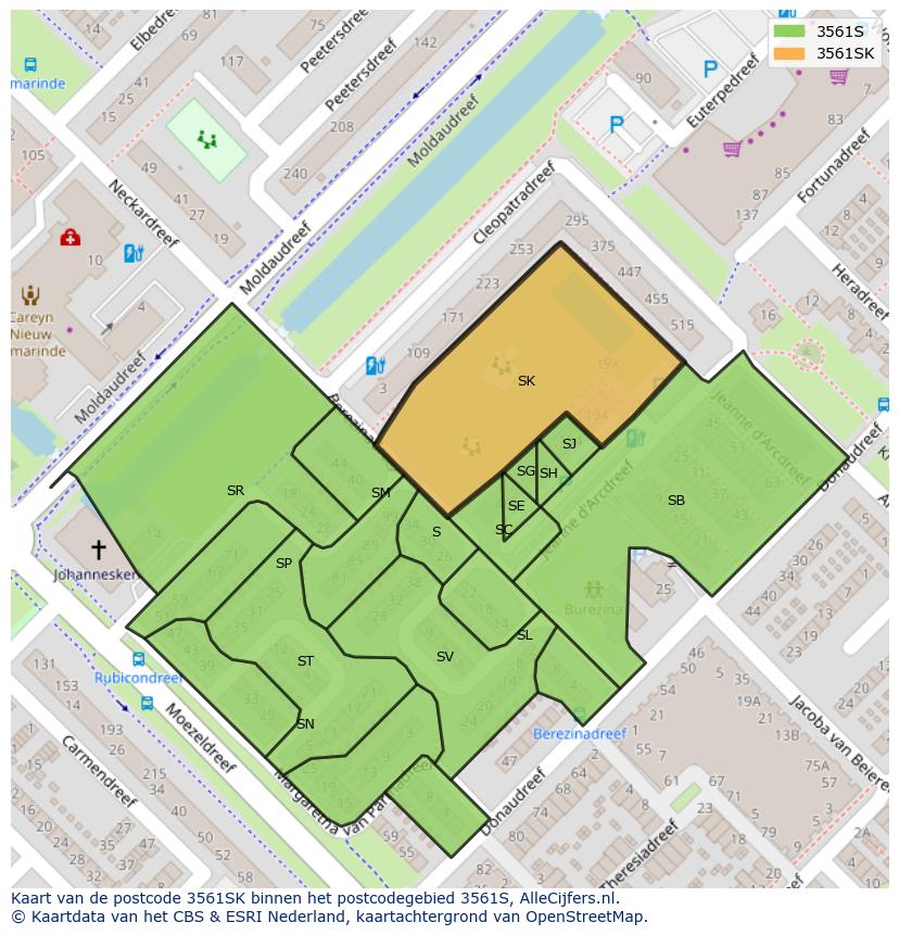 Afbeelding van het postcodegebied 3561 SK op de kaart.