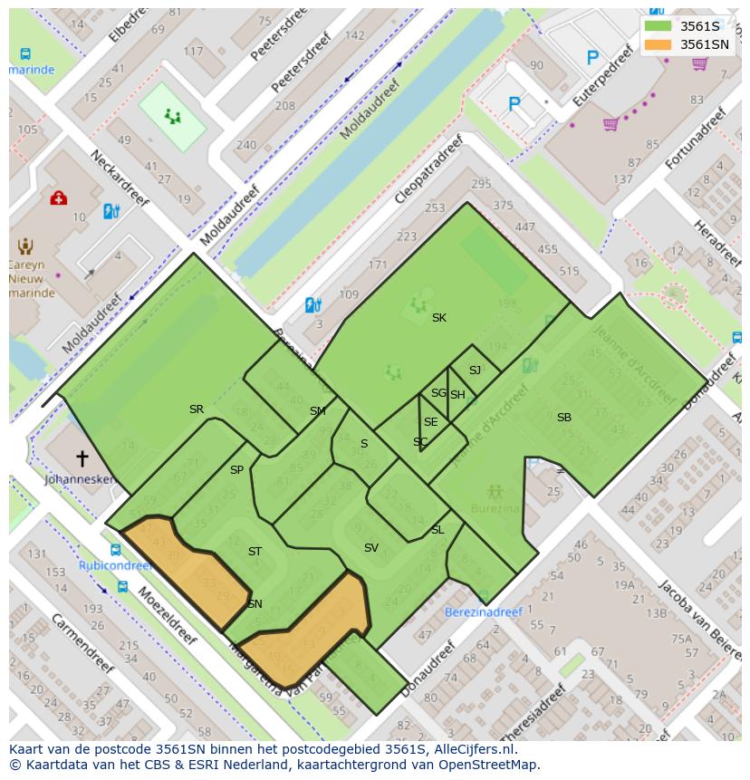 Afbeelding van het postcodegebied 3561 SN op de kaart.