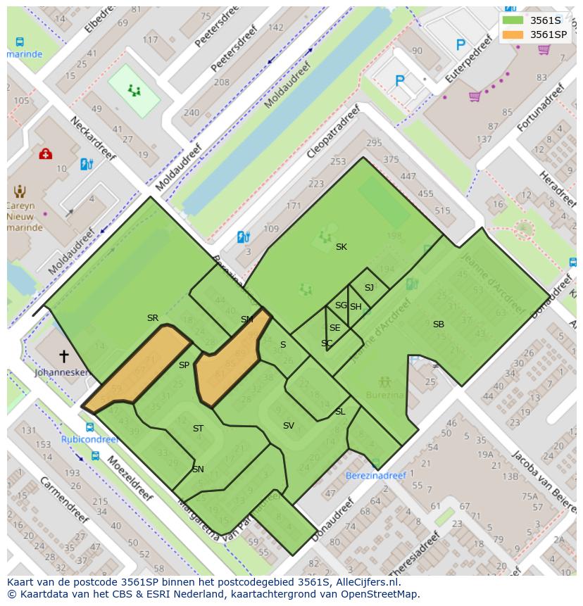 Afbeelding van het postcodegebied 3561 SP op de kaart.