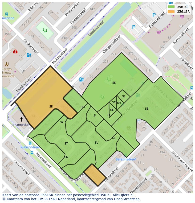 Afbeelding van het postcodegebied 3561 SR op de kaart.