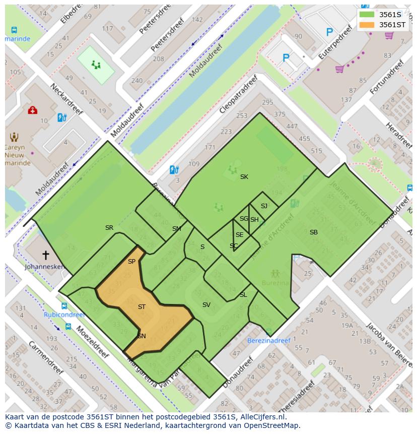 Afbeelding van het postcodegebied 3561 ST op de kaart.