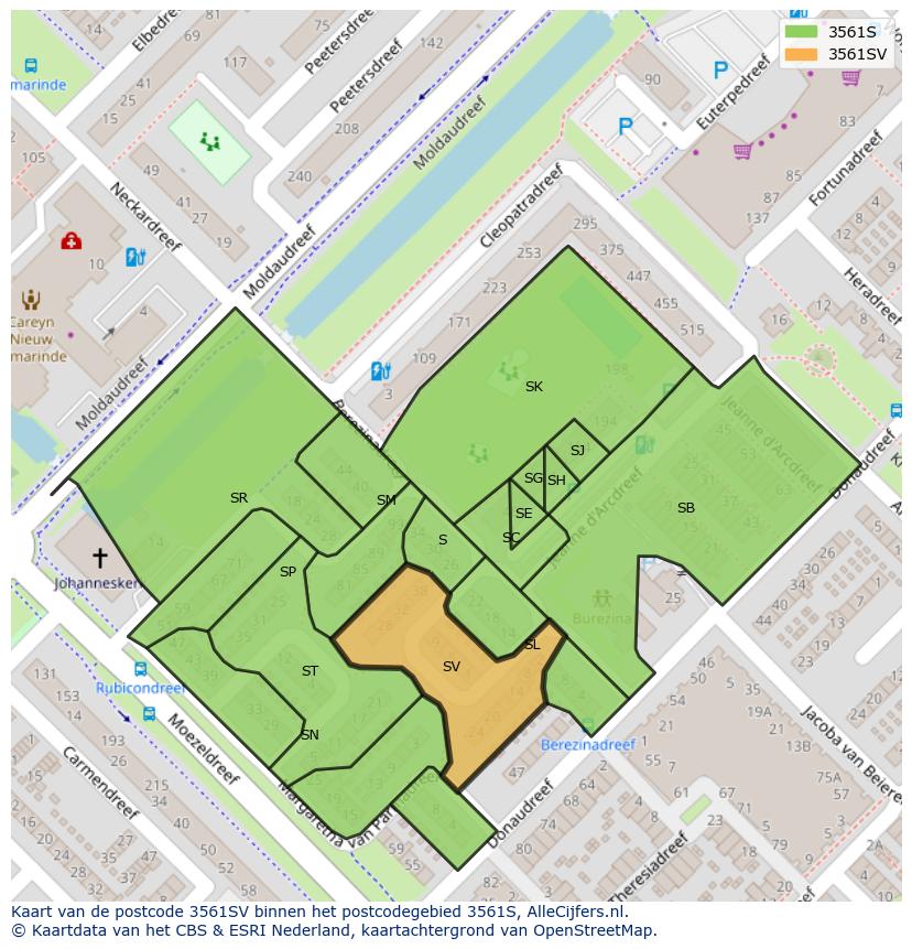 Afbeelding van het postcodegebied 3561 SV op de kaart.