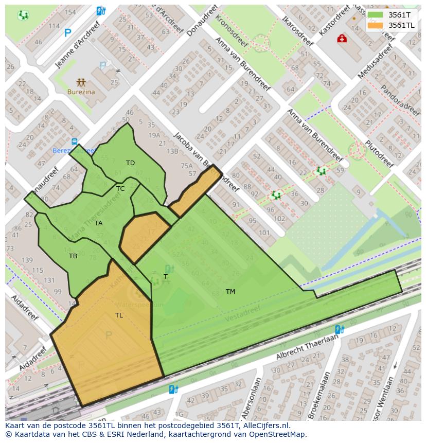 Afbeelding van het postcodegebied 3561 TL op de kaart.