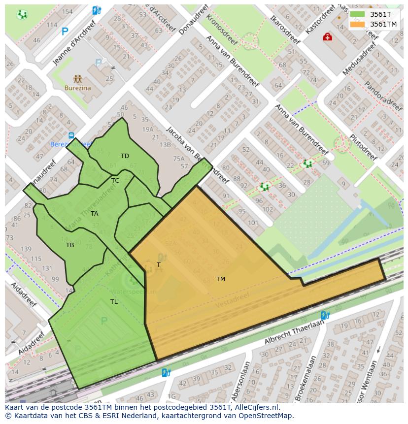 Afbeelding van het postcodegebied 3561 TM op de kaart.