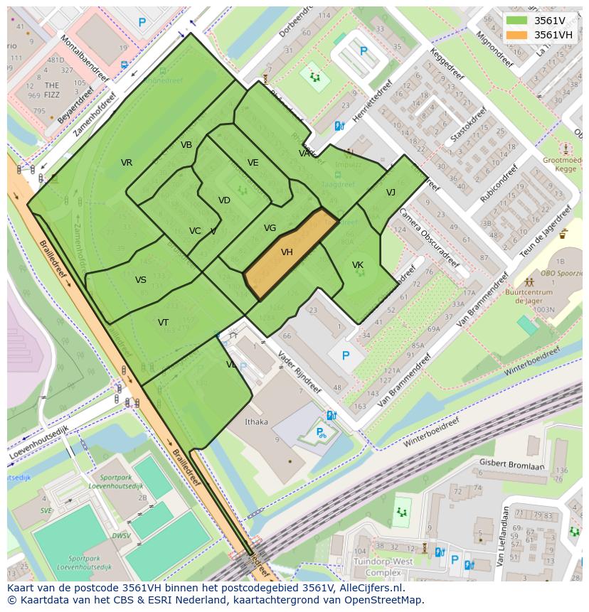 Afbeelding van het postcodegebied 3561 VH op de kaart.