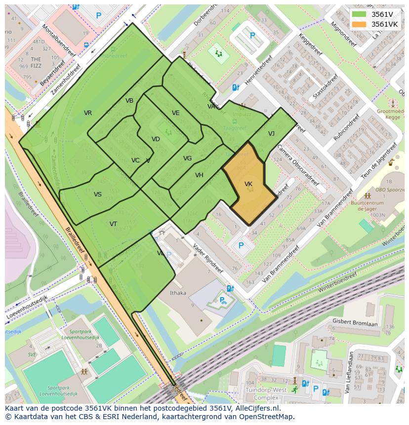Afbeelding van het postcodegebied 3561 VK op de kaart.