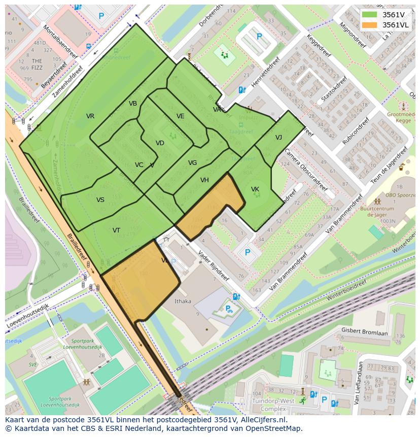 Afbeelding van het postcodegebied 3561 VL op de kaart.