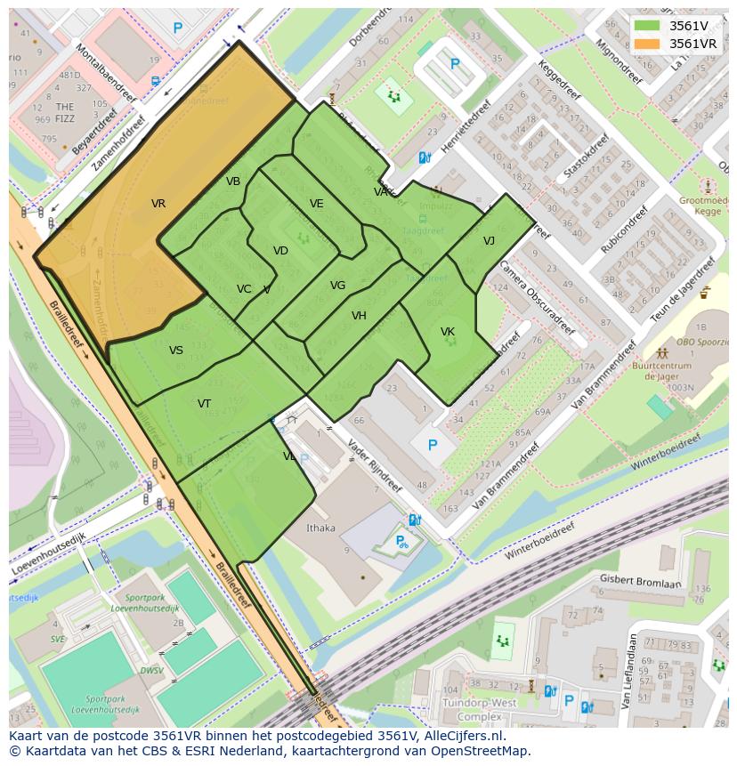 Afbeelding van het postcodegebied 3561 VR op de kaart.