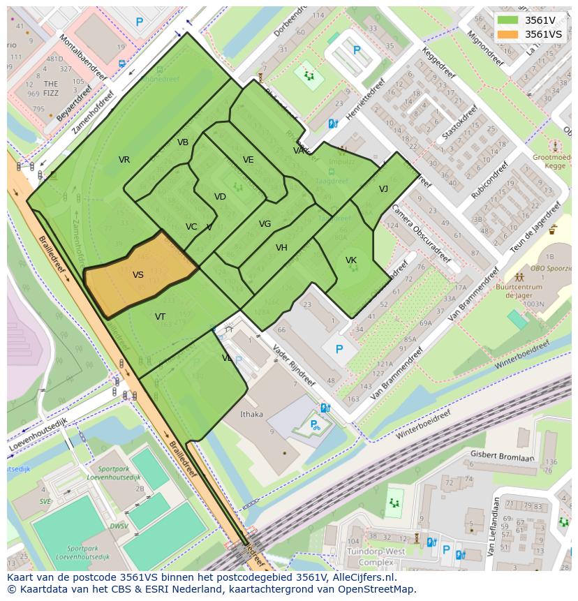 Afbeelding van het postcodegebied 3561 VS op de kaart.