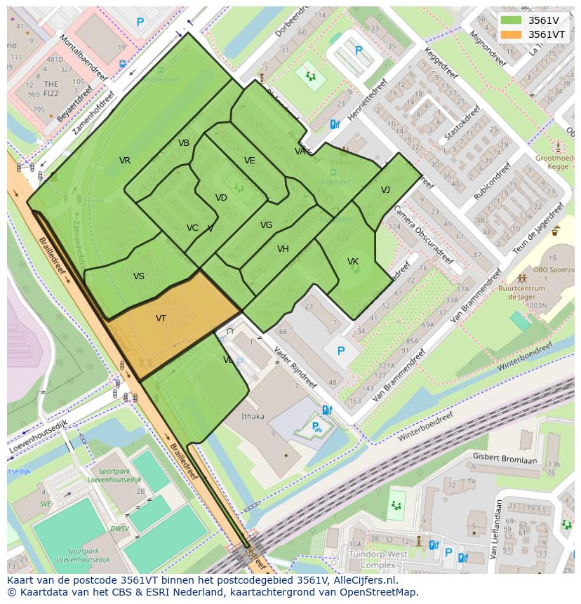 Afbeelding van het postcodegebied 3561 VT op de kaart.