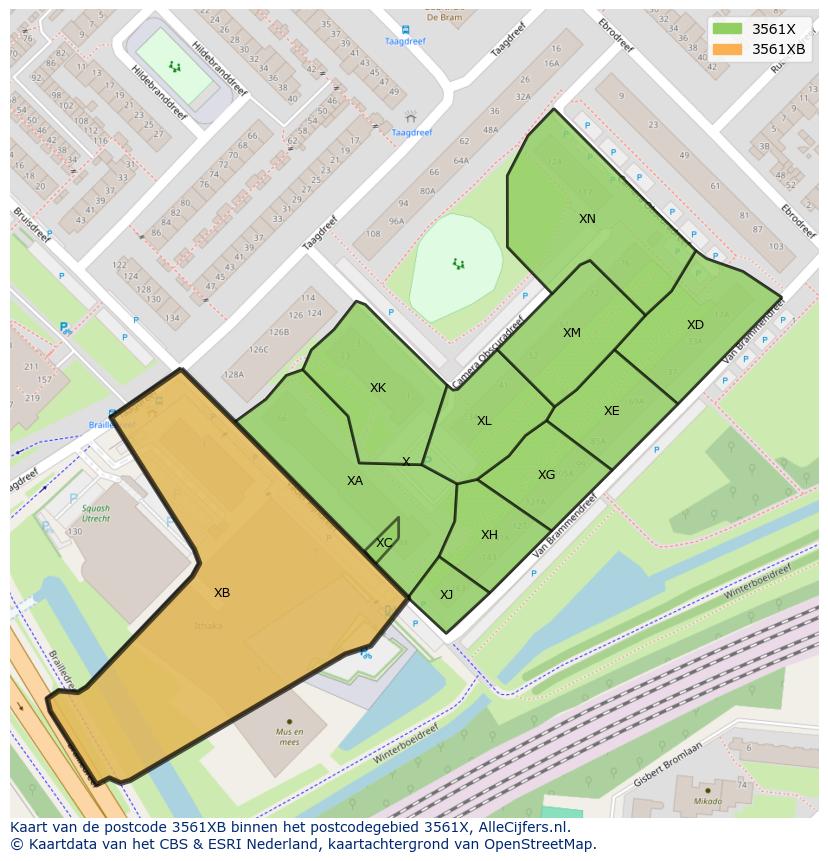 Afbeelding van het postcodegebied 3561 XB op de kaart.