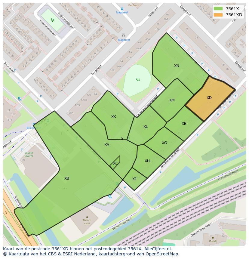 Afbeelding van het postcodegebied 3561 XD op de kaart.