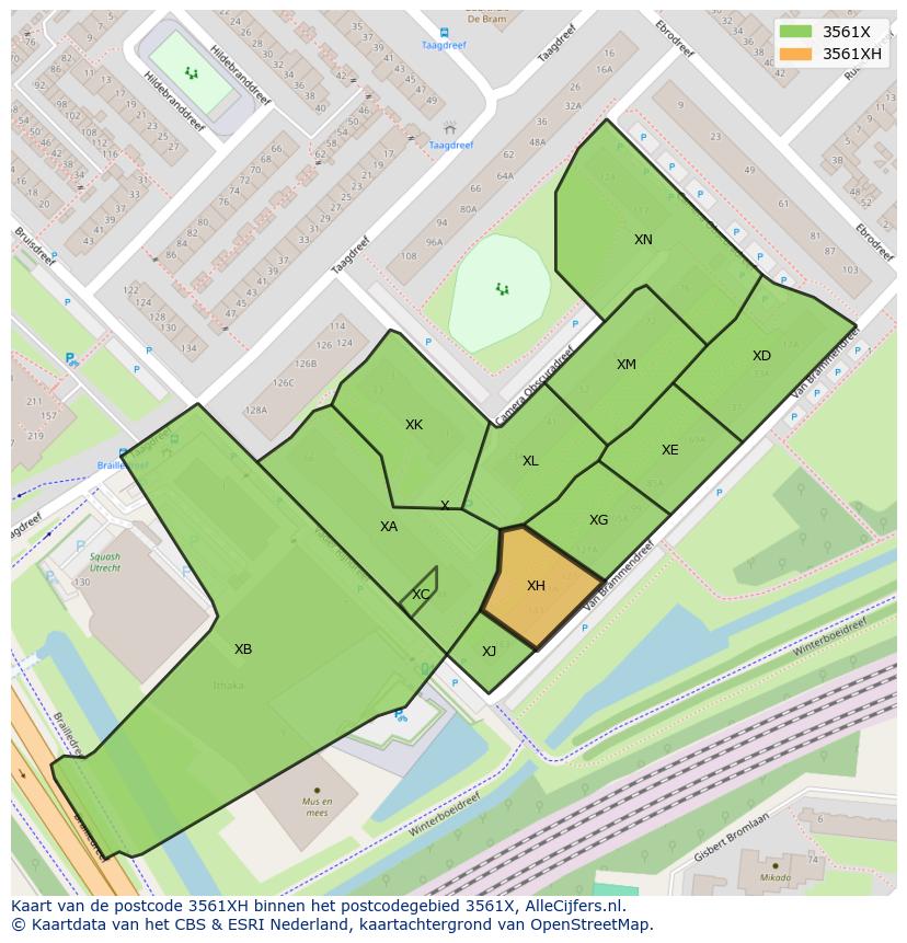 Afbeelding van het postcodegebied 3561 XH op de kaart.