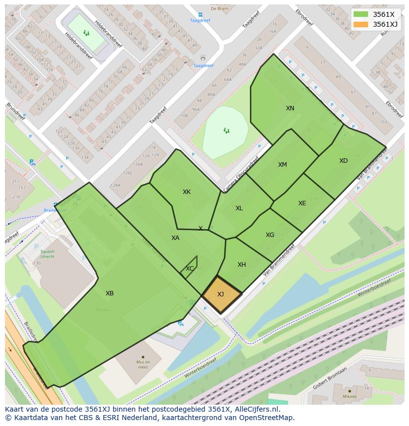 Afbeelding van het postcodegebied 3561 XJ op de kaart.