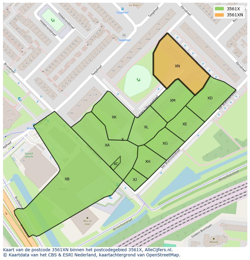 Afbeelding van het postcodegebied 3561 XN op de kaart.