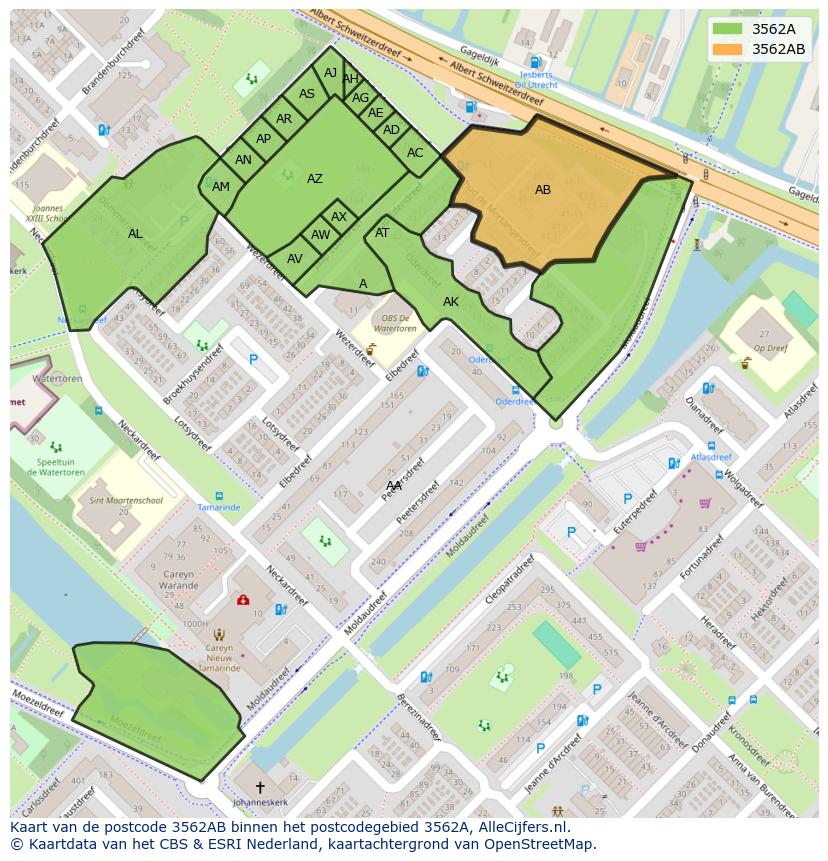 Afbeelding van het postcodegebied 3562 AB op de kaart.