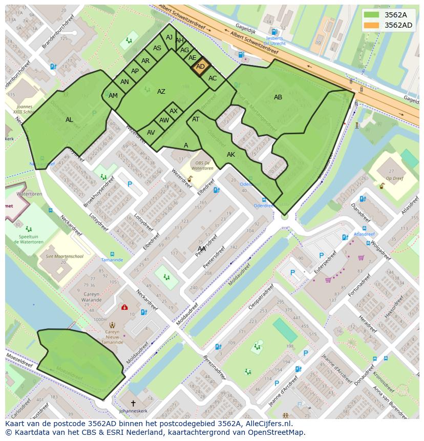 Afbeelding van het postcodegebied 3562 AD op de kaart.