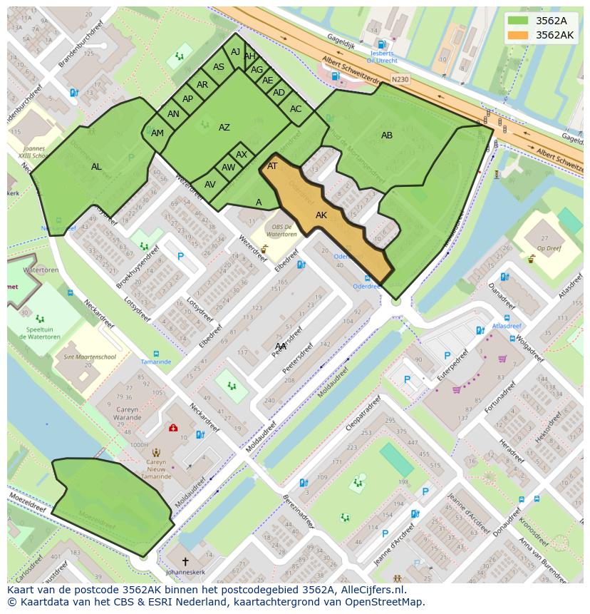 Afbeelding van het postcodegebied 3562 AK op de kaart.